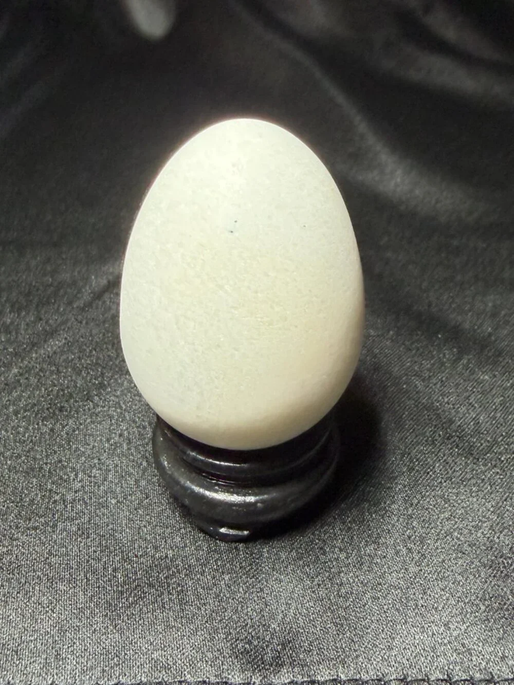 Vtg Snow Quartz Stone Egg Wooden Stand Natural Milky White Translucent 2.5